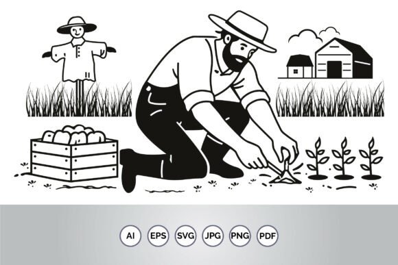Farmer Planting Seedlings on Farm Field Graphics