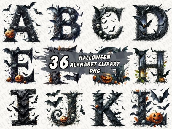 Halloween Alphabet Clipart Sublimation - Graphics for Seasonal Designs