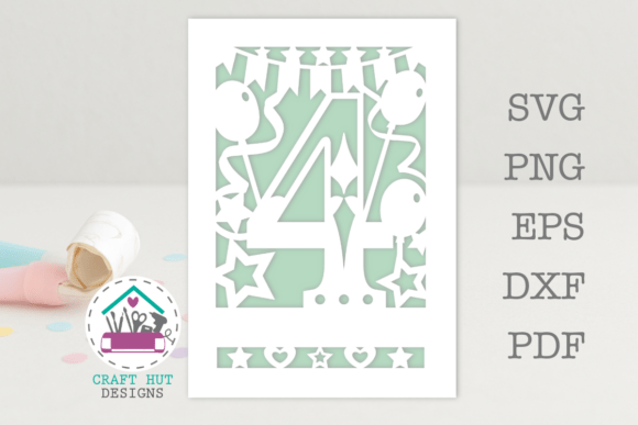 Happy 4th Birthday Card SVG Cut Template for Laser Cutting and Cards