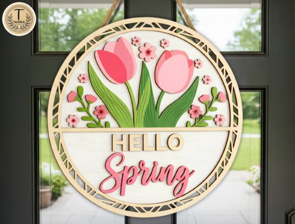 Hello Spring Tulip Door Hanger SVG for Laser Cutting