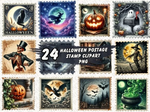 Vintage Halloween Postage Stamp Clipart: A Graphic Design Asset for Branding